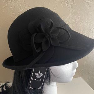 New Black 100% Wool Cloche Bucket with Bow Accent